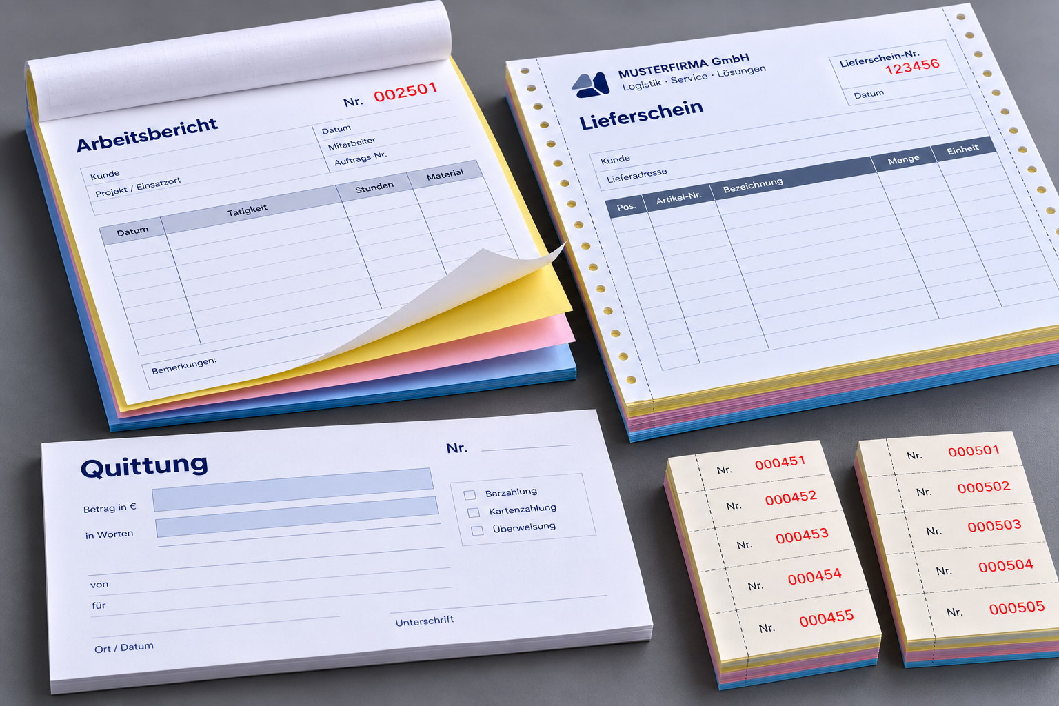 Formulardruck mit Formularblöcken, Durchschreibesätzen, Lieferscheinen und Quittungen