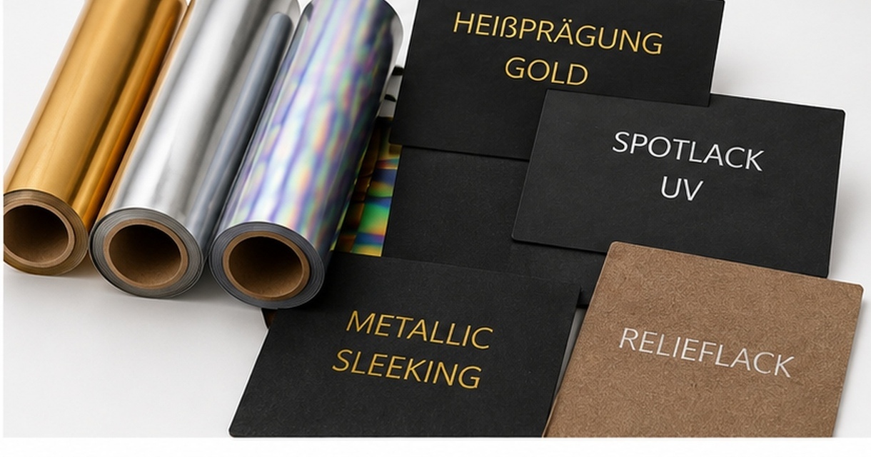 Druckveredelung mit Metallic-Sleeking, Folien und Lacken